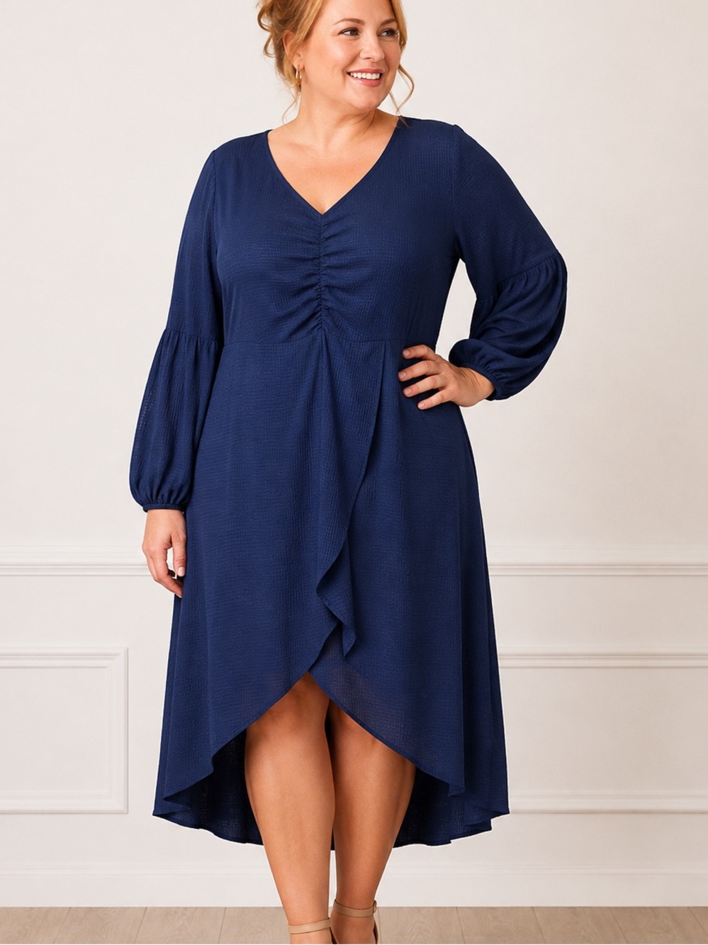 Cato Plus Size 18/20 Navy V-Neck Ruched Center High-Low Tulip Hem Midi Dress